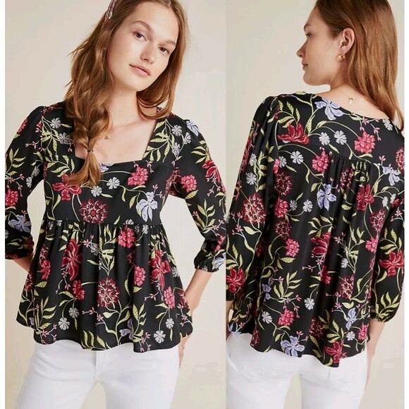 Anthropologie Shirt Womens Medium Top Cherrie Babydoll Black Multi Floral Dolan - Picture 2 of 7